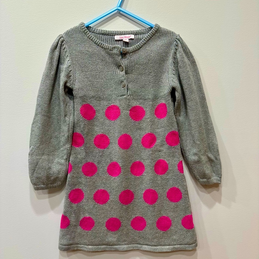 Girls Gray sweater dress with pink polka dots- 4T